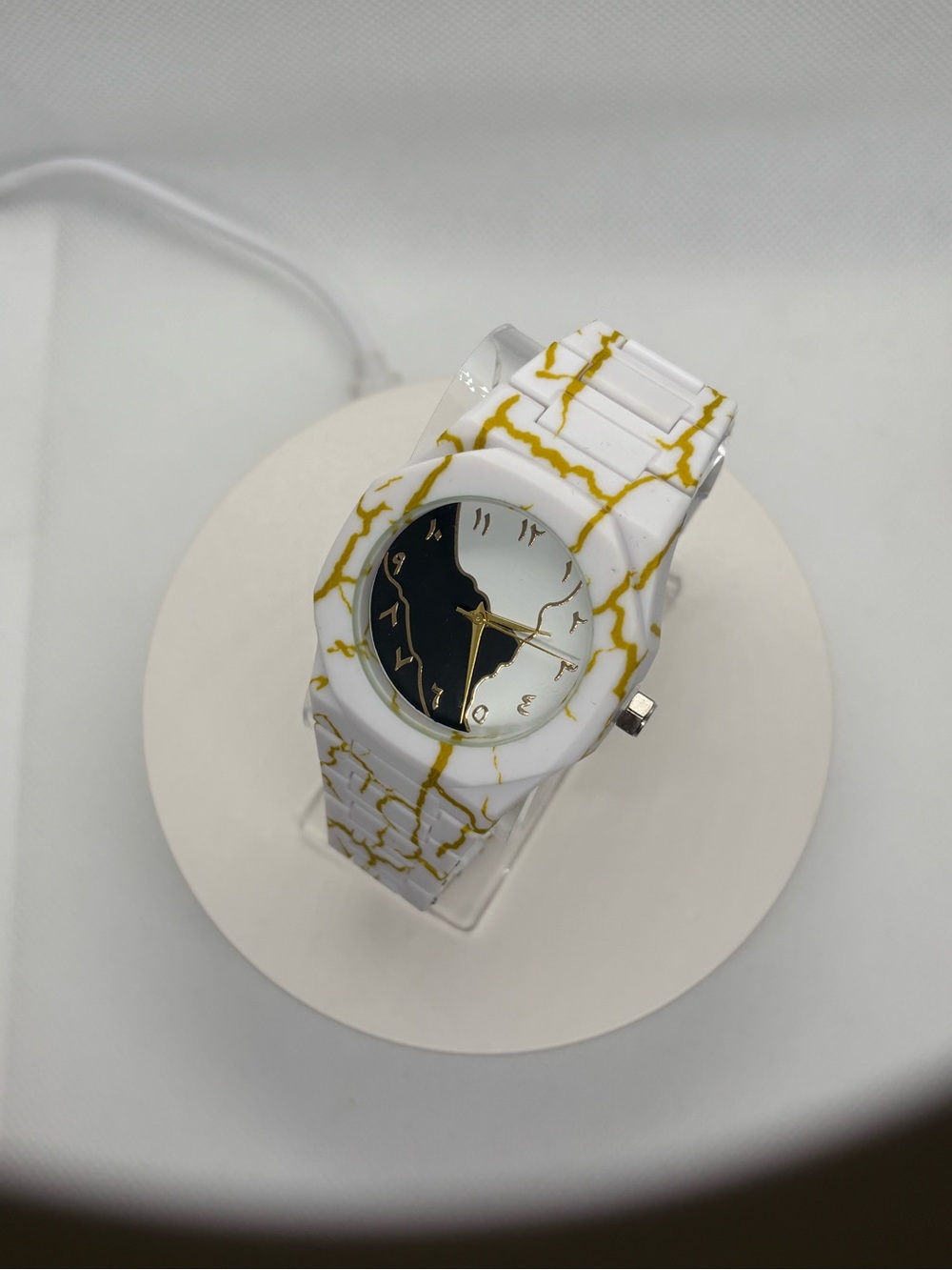 White and Gold Marble 3D Printed Quartz Watch – Fashion Analog Wristwatch